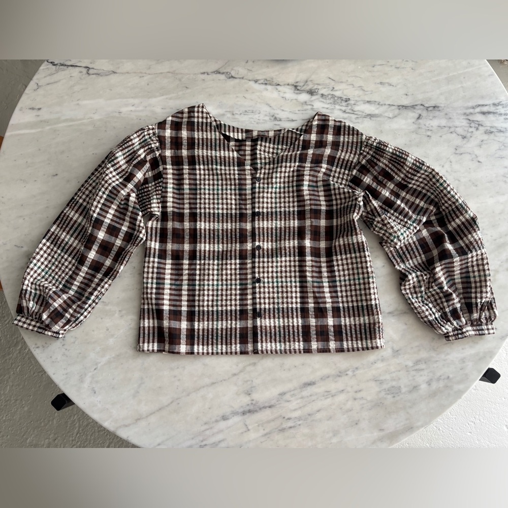 Moussy Brown, Ivory, Green, Black plaid balloon sleeve button down shirt
